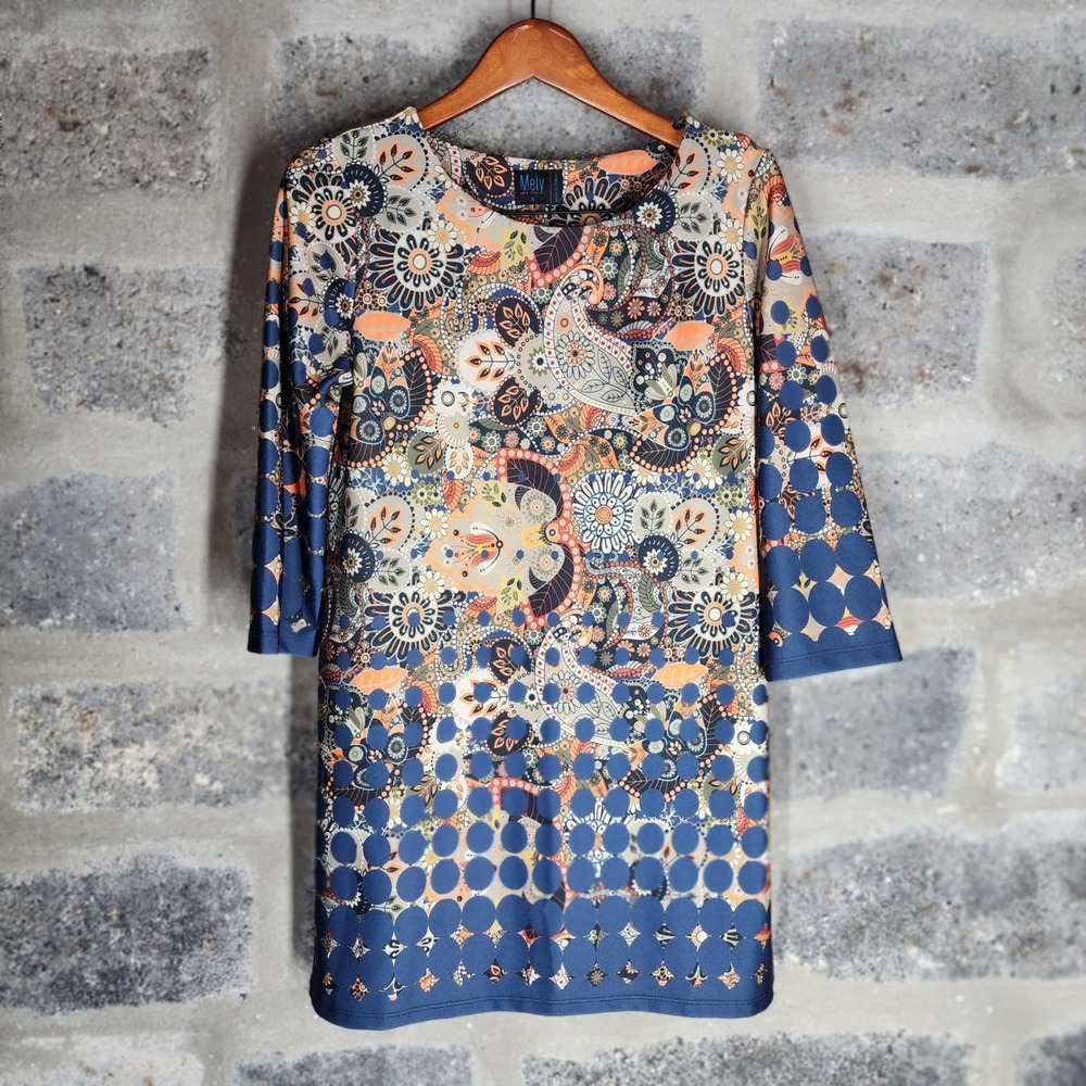 MELY New York sz S retro print stretch polyester shift dress